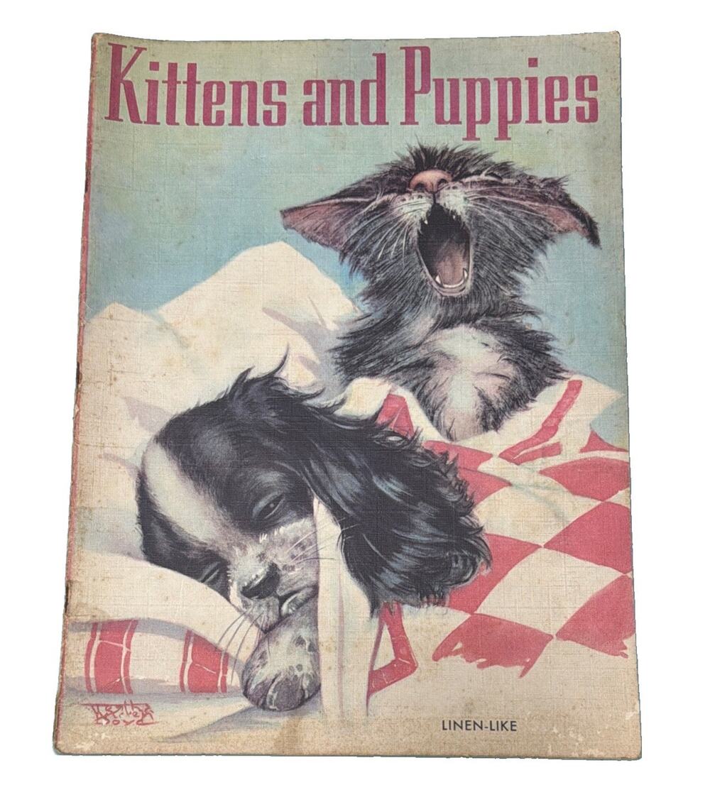 Vintage 1938 Kittens and Puppies Book Bertha Boyd Whitman Linen-Like #923 Large